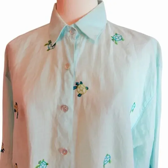 Casey Coleman Linen Shirt Womens Size Medium Embroidered Sea Turtles Resort - Picture 4 of 9